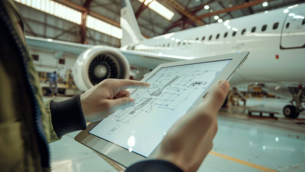 mulher mostrando peças do avião que precisão passar por ensaio não destrutivo